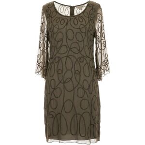 Pookie & Sebastian Silk Illusion Breaded Midi Cocktail Dress Size S Olive Green